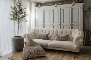 beige beanbag chair in neutral living room